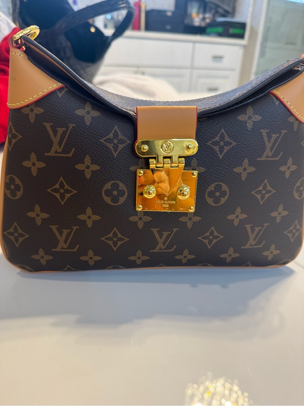 Louis Vuitton Monogram Canvas Shoulder Bag with Tan Trim and Gold Hardware
